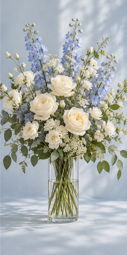 A quiet arrangement of blue and white flowers